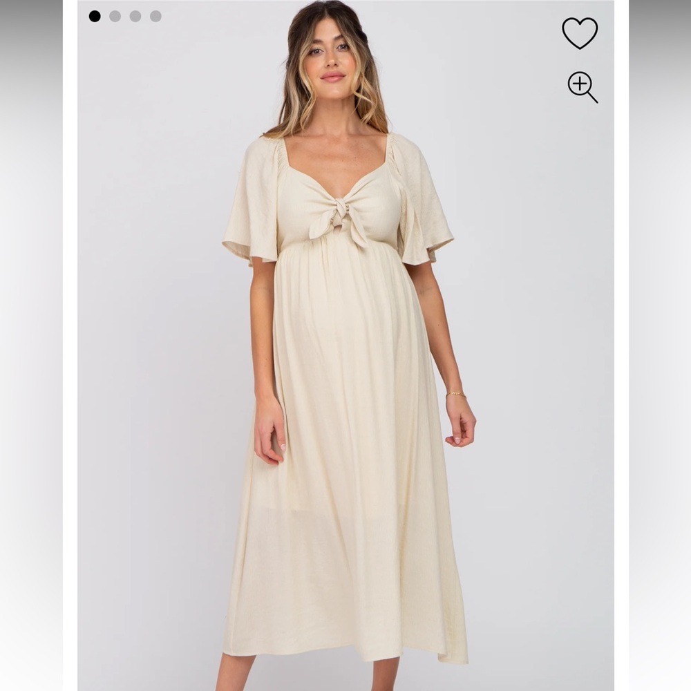 Beige Front Tie Ruffle Sleeve Maternity Midi Dress